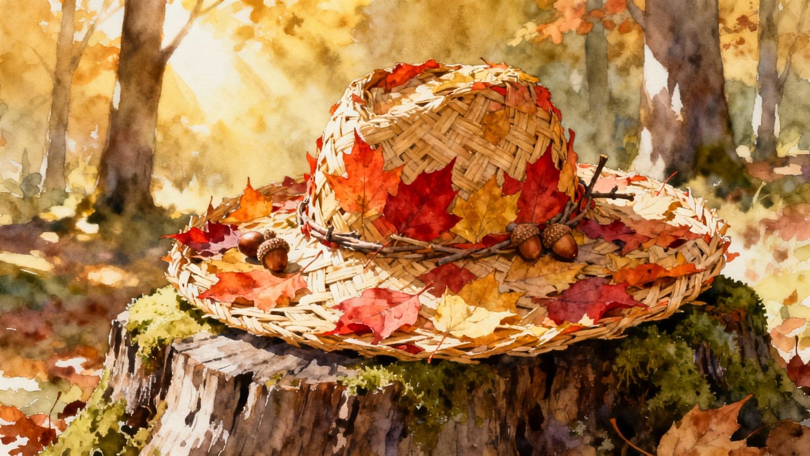 Autumn Leaf Sun Hat on Mossy Stump