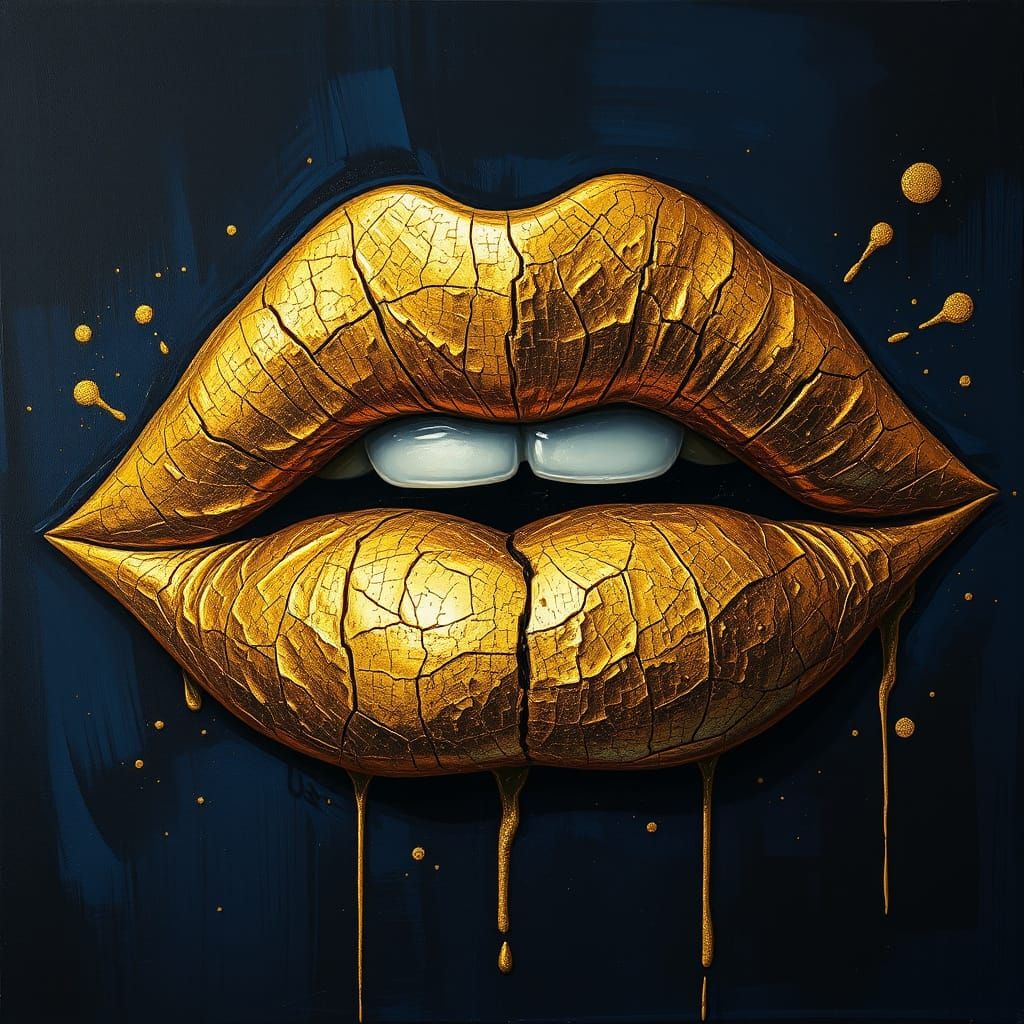 Golden Lips Adorned with Impasto Textures and Liquid Gold