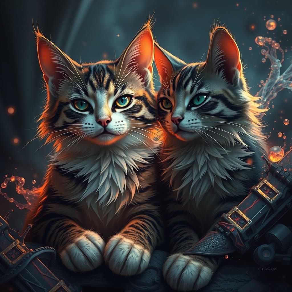 Whimsical Feline Encounter in Vibrant Fantasy Realm