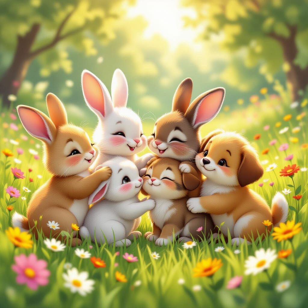 Fluffy Animals Joyfully Dancing in a Wildflower Meadow