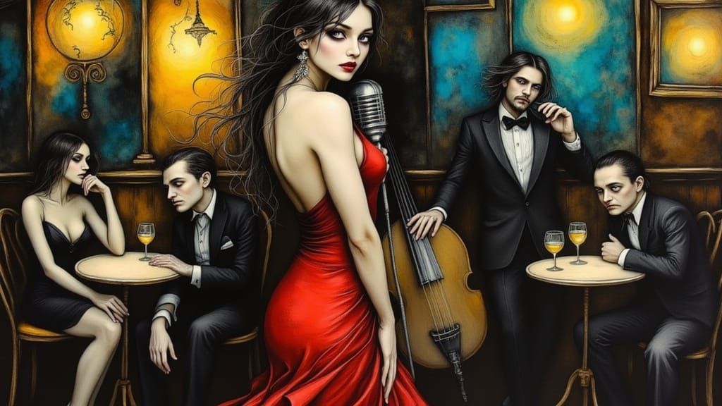 Sultry Jazz Singer in Fiery Crimson, Set Against Turbulent D...