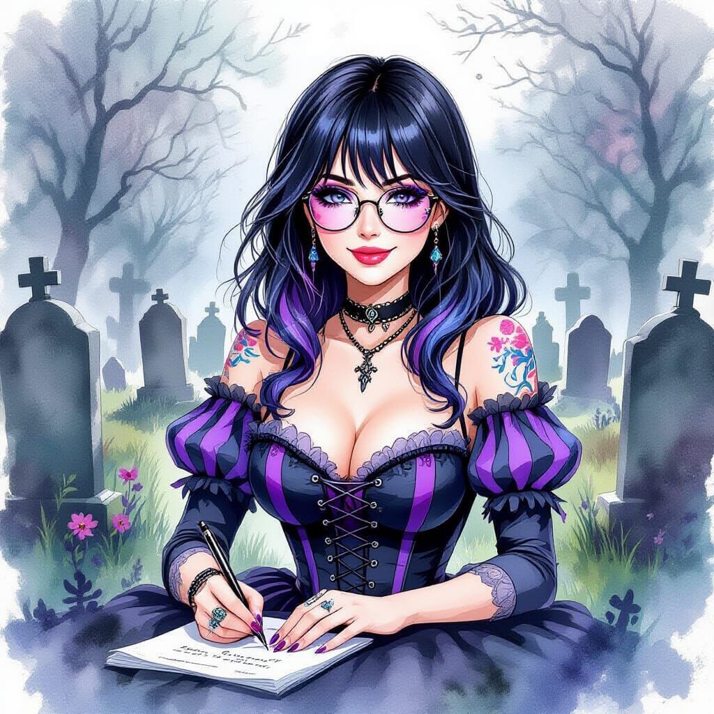 Gothic Woman Writing in Cemetery with Watercolor Style