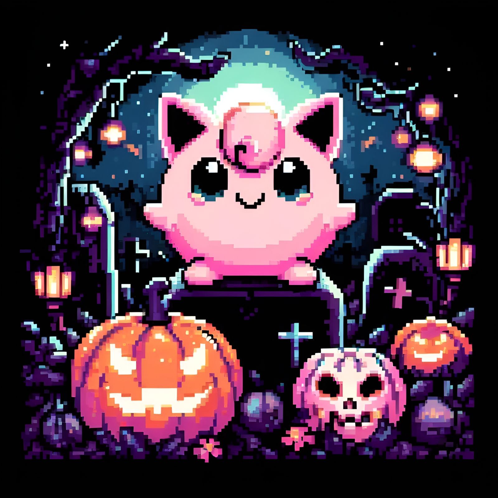 Jigglypuff Halloween Pixel Art in Graveyard