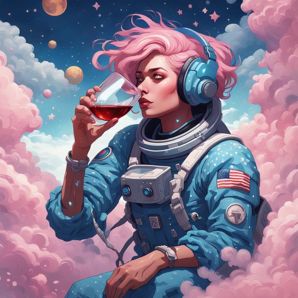 Astronaut and Blue-Haired Girl Sharing Wine