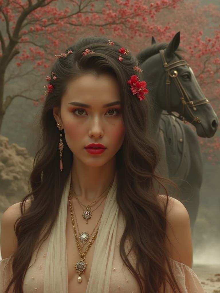 Majestic Black Horse with Red Flowers, Mystical Woman, Fanta...