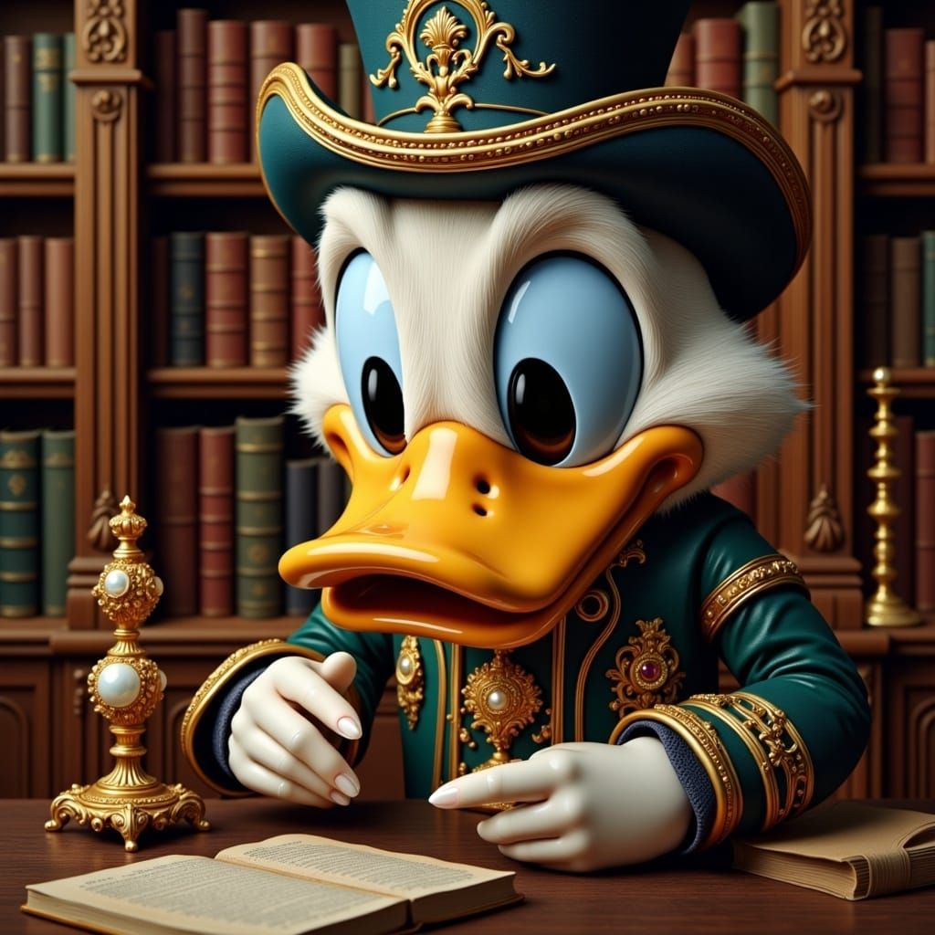 Scrooge McDuck Inspects Artifact in Hyperrealist Still Life