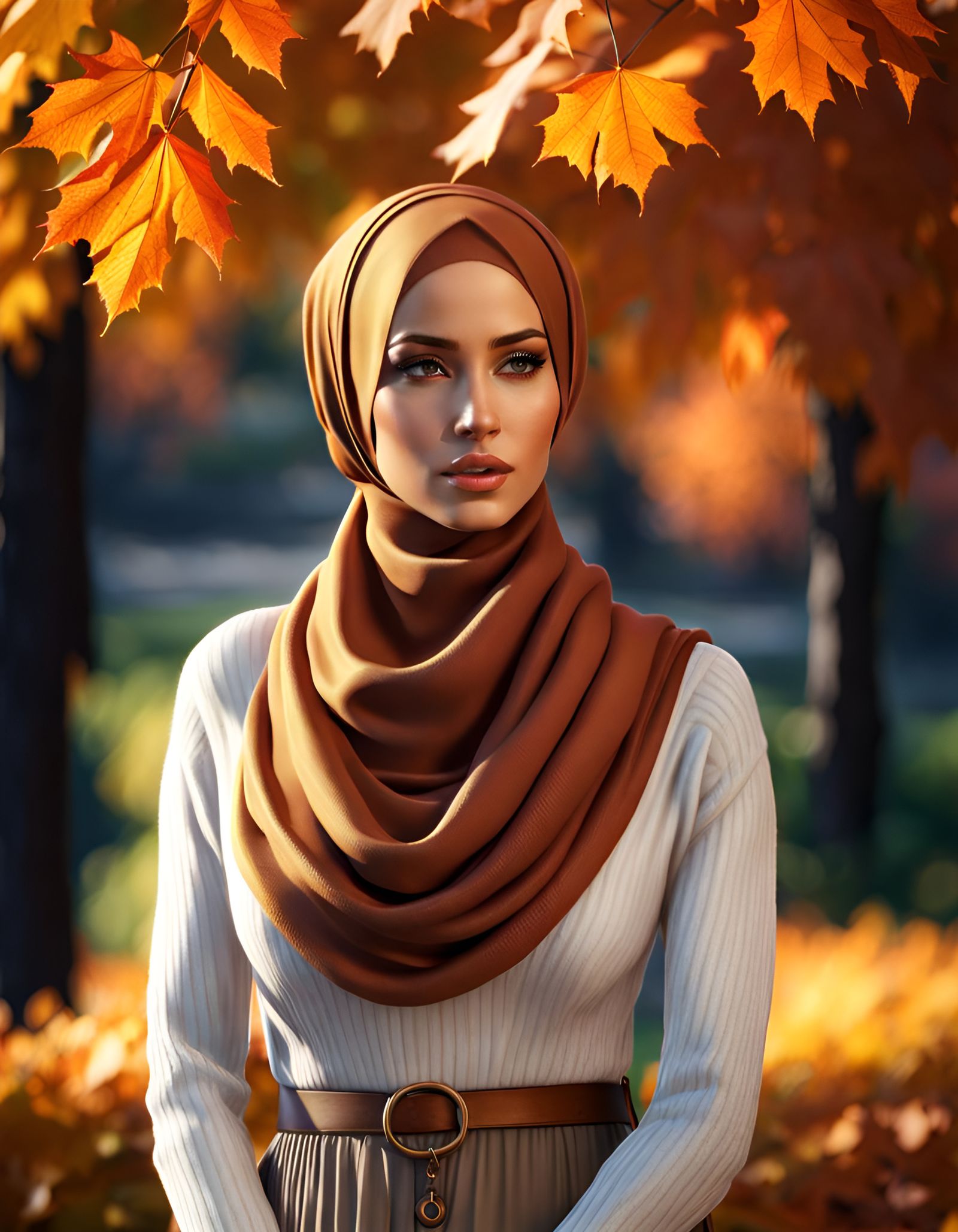 Beautiful Hijabi Girl in Autumn Park, Digital Art
