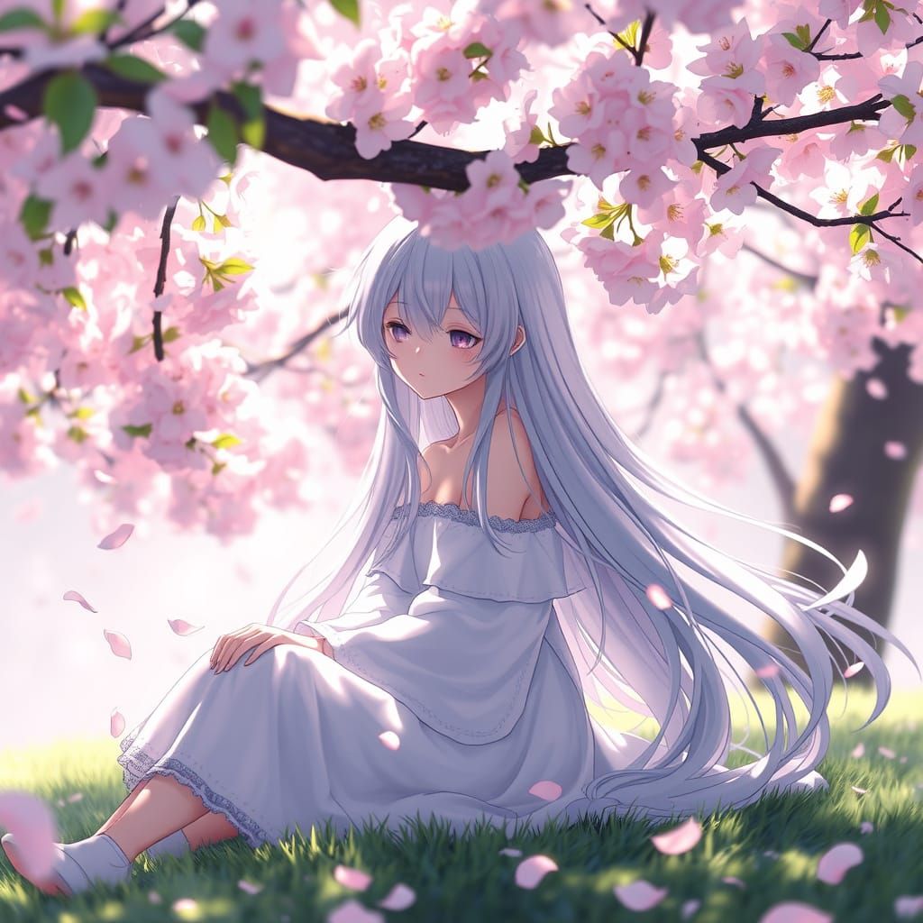 Ethereal Anime Girl in Blossoming Cherry Tree
