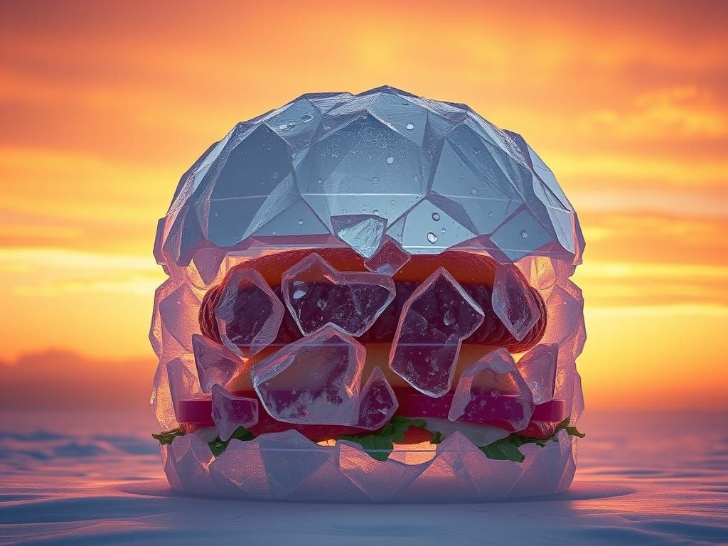 Ethereal Crystal Hamburger in Futuristic Sunset