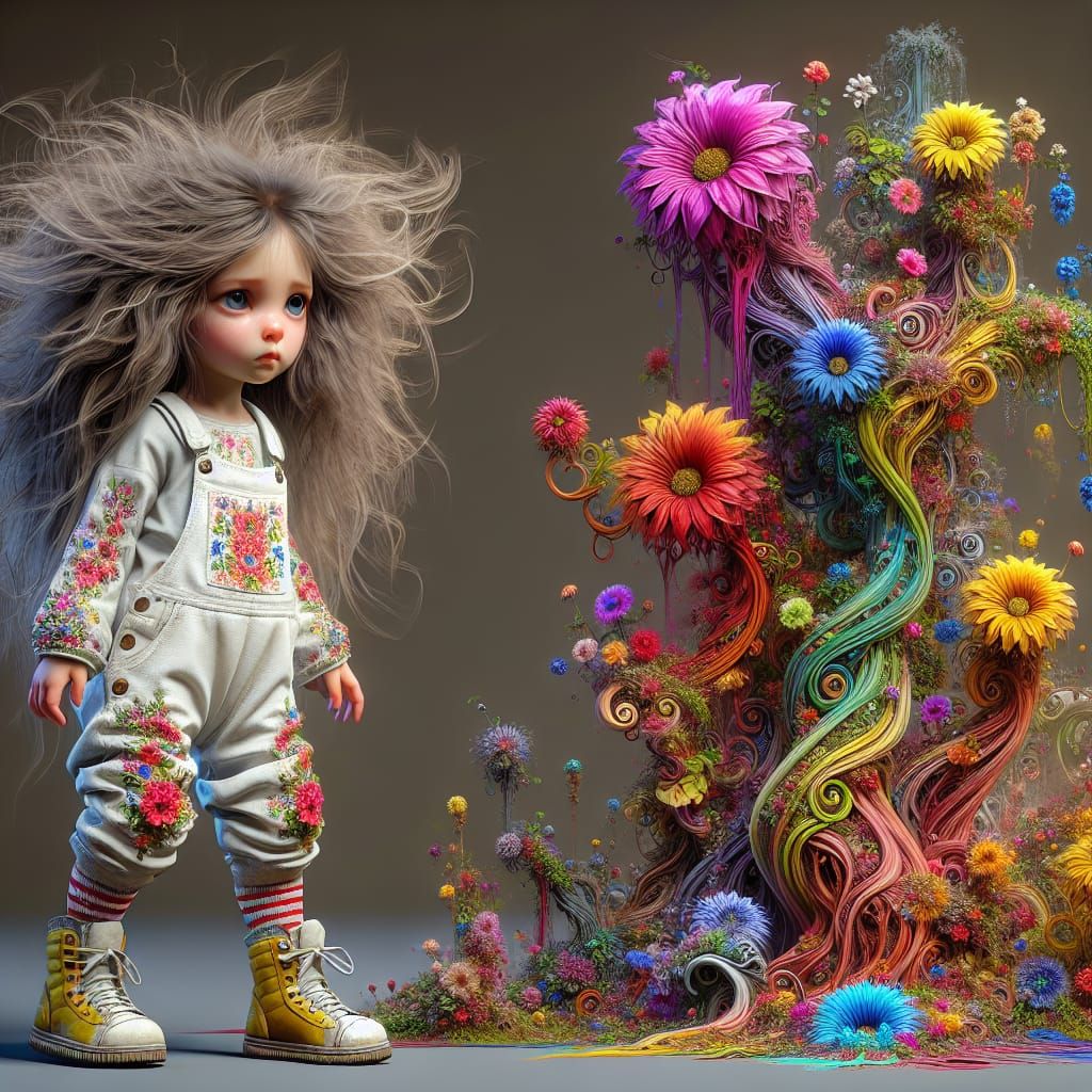 Whimsical Girl with Psychedelic Flowers, Digital Art