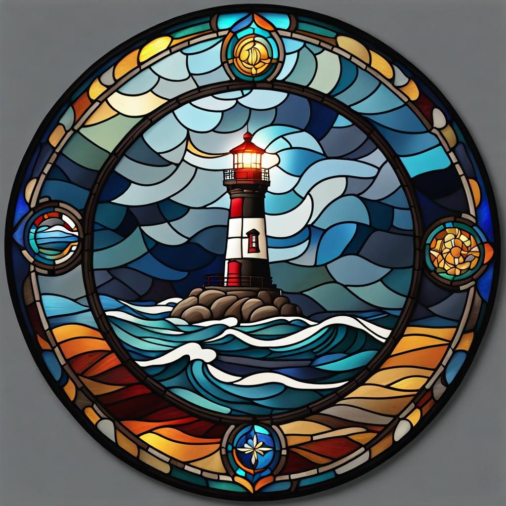 Stained Glass Lighthouse on Stormy Sea