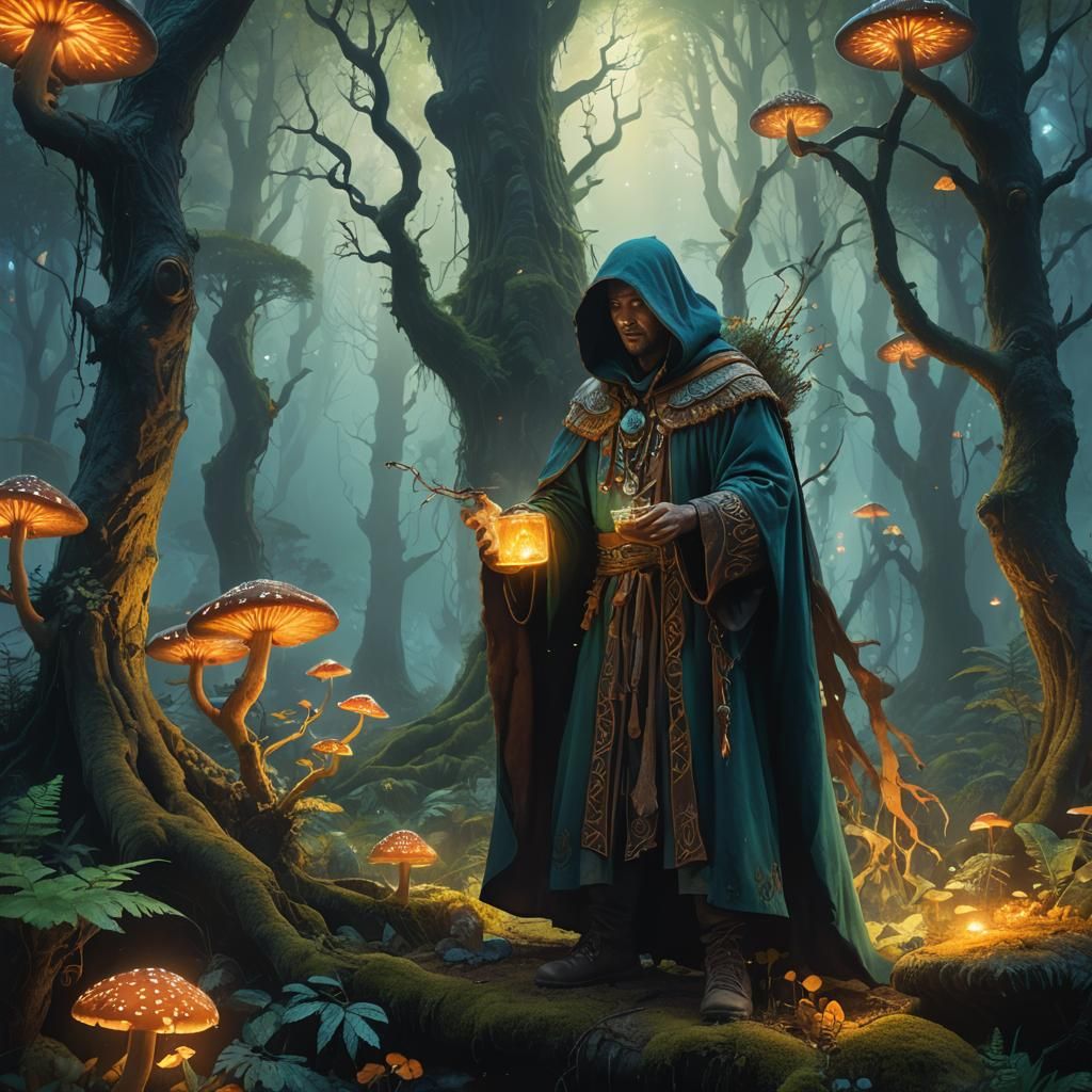 Mystical Shaman in Enchanted Forest: Digital Art