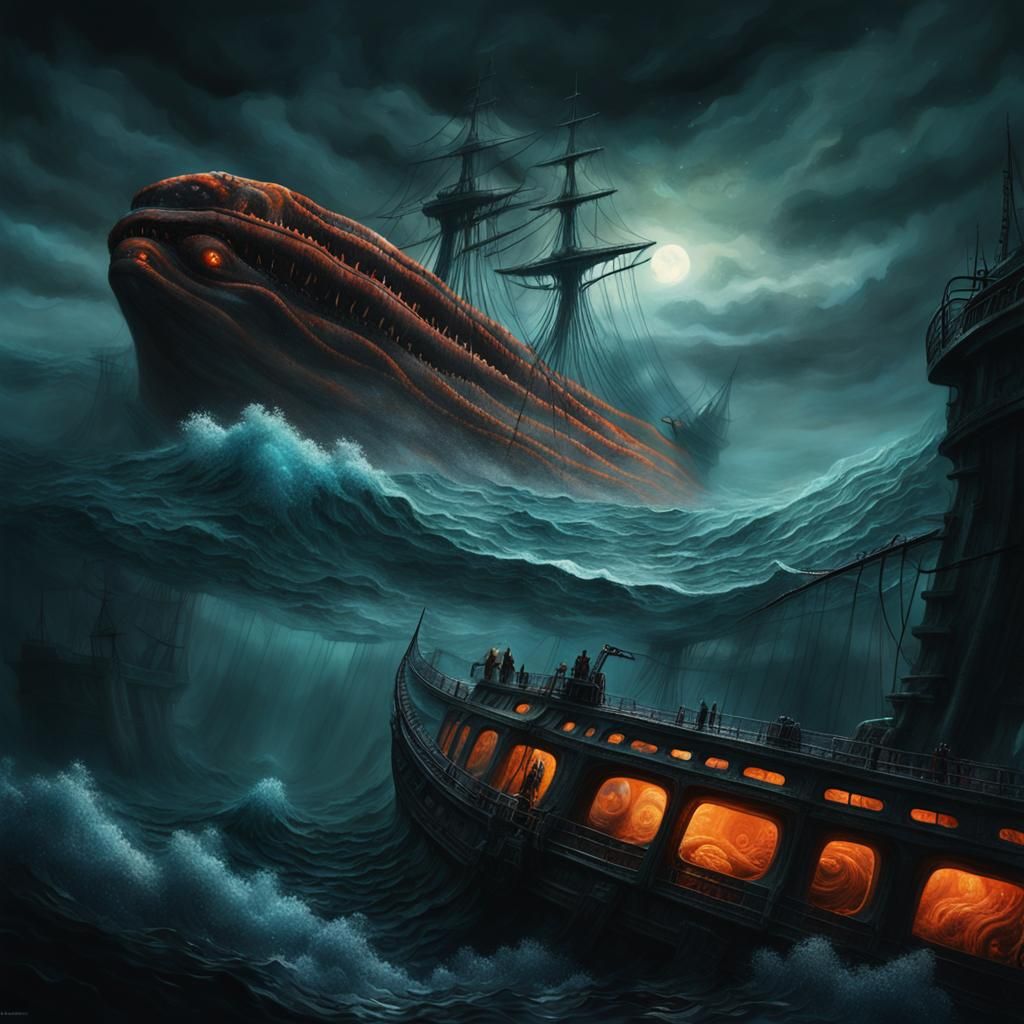 Kraken Attacks Ship in Dark Fantasy Sea