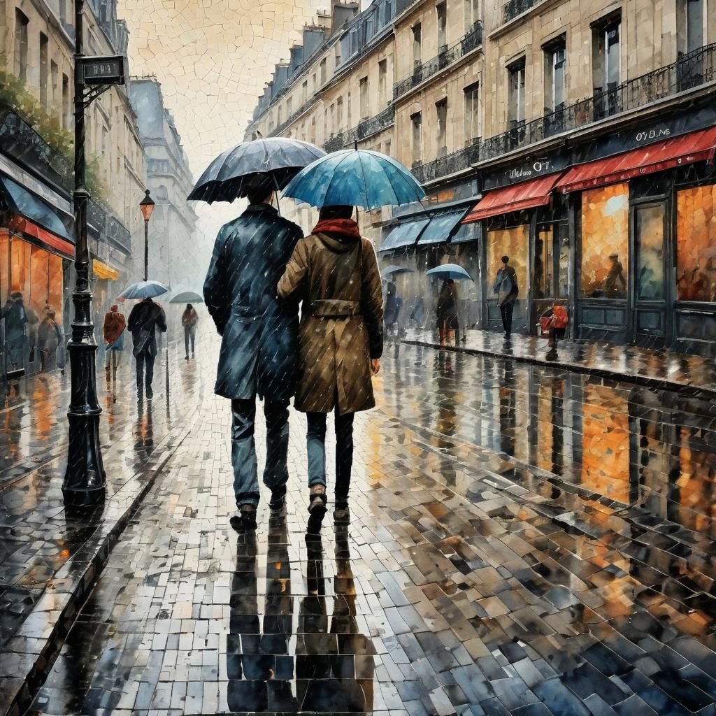 Parisian Couple in Rainy Mosaic Watercolor