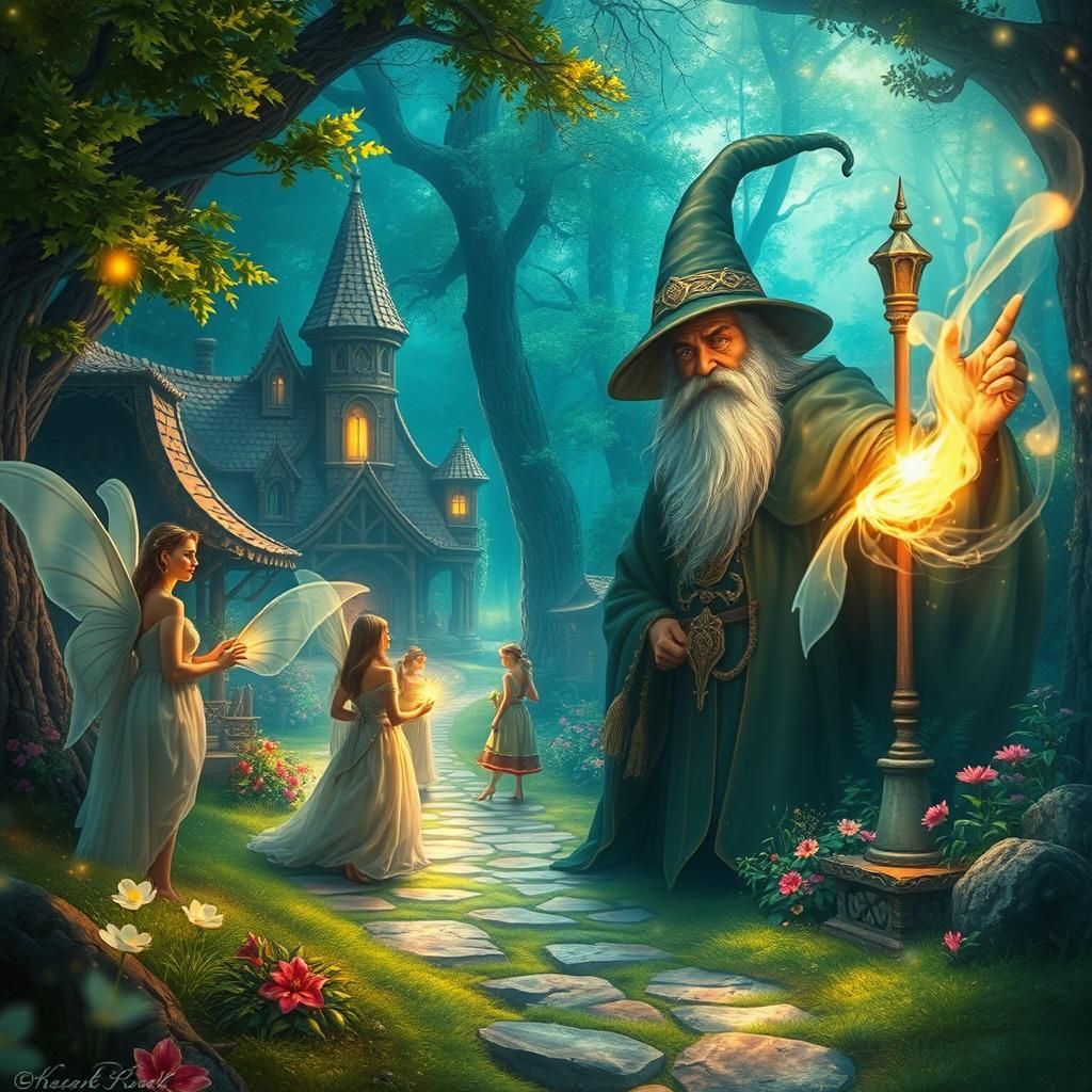 Elven Village with Wizard: A Fantasy Digital Painting