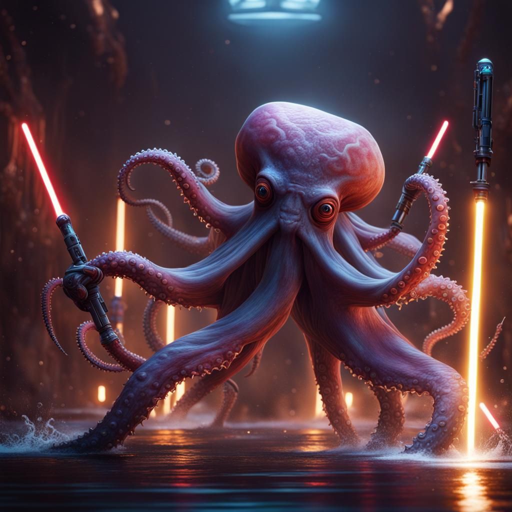 Octopuses Duel with Lightsabers: Fantasy Concept Art