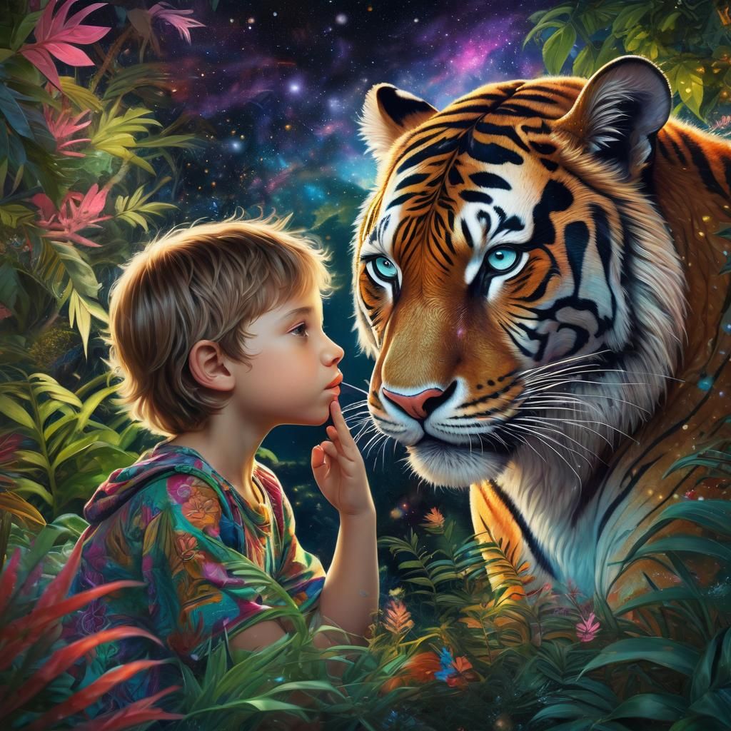 Child and Tiger in Visionary Jungle Dreamscape