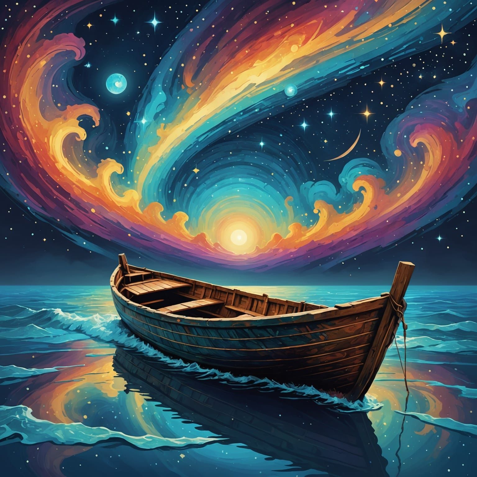 Ancient Boat on Cosmic Ocean Reflecting Nebulae
