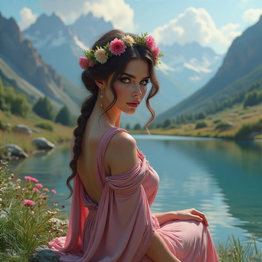 Greek Woman with Flowers by Alpine Pond