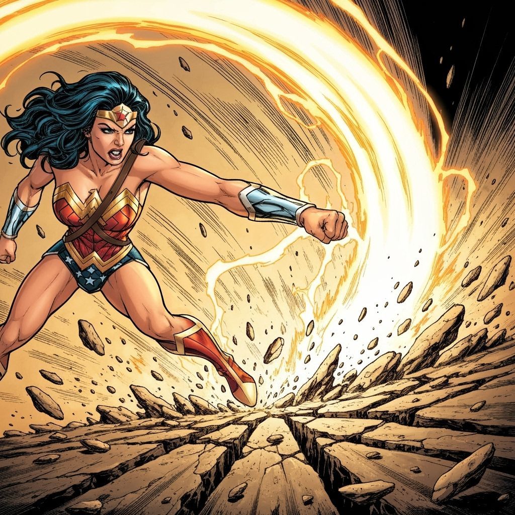 Wonder Woman Punches Earth with Energy Blast, Comic Book Sty...