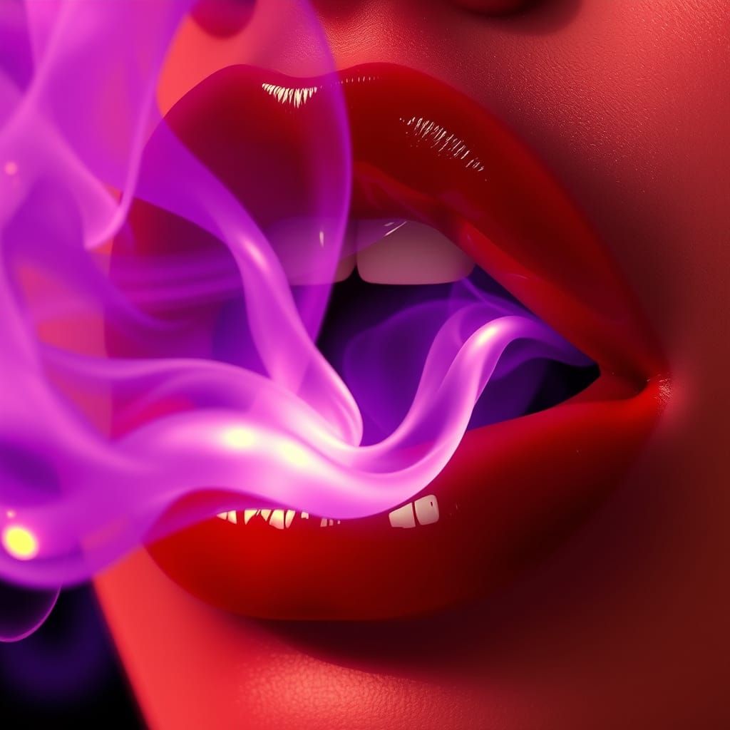 Luscious Crimson Lips Enveloped in Mystical Purple Haze
