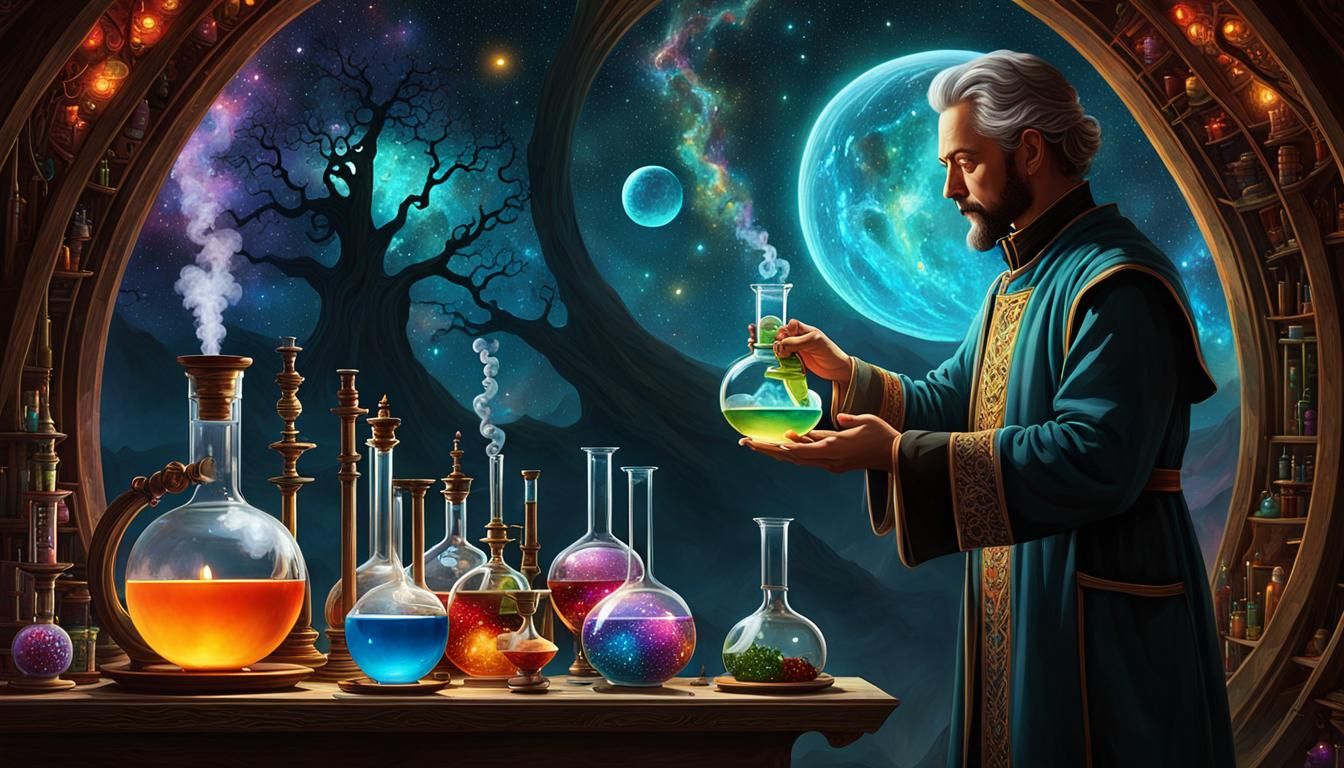Alchemist Drinks Magic Potion in Laboratory