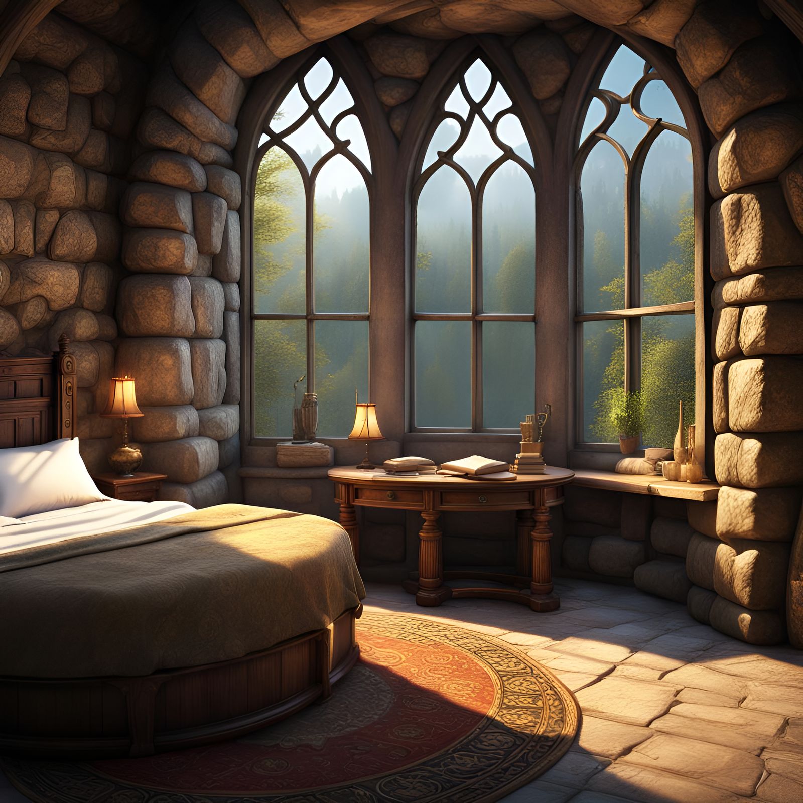 Medieval Bedroom in Stone Tower with Morning Mist