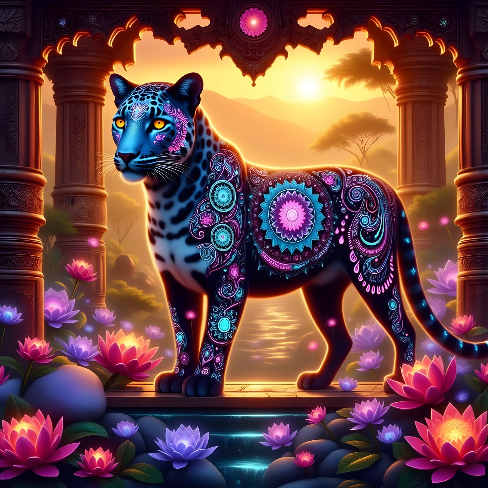 Jaguar with Bioluminescent Patterns in Temple Ruins