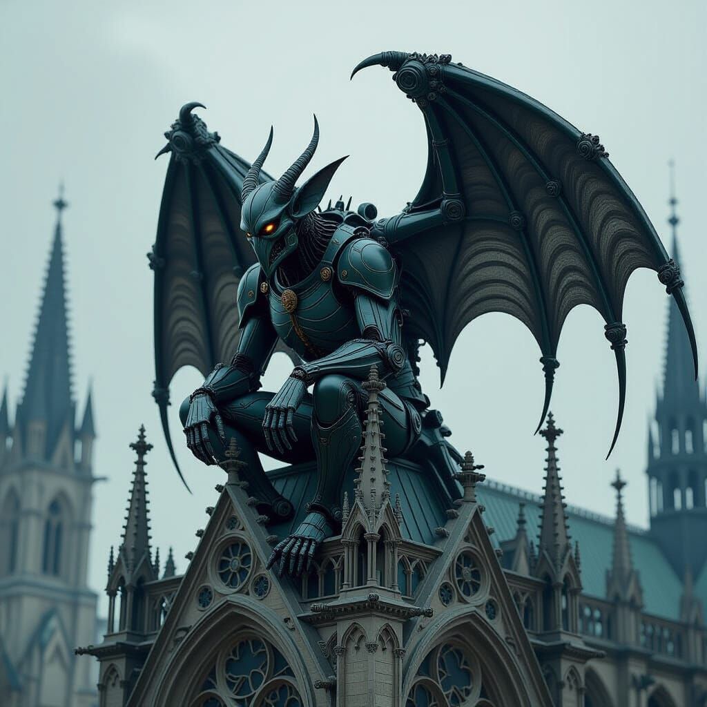 Biomechanical Gargoyle on Gothic Cathedral
