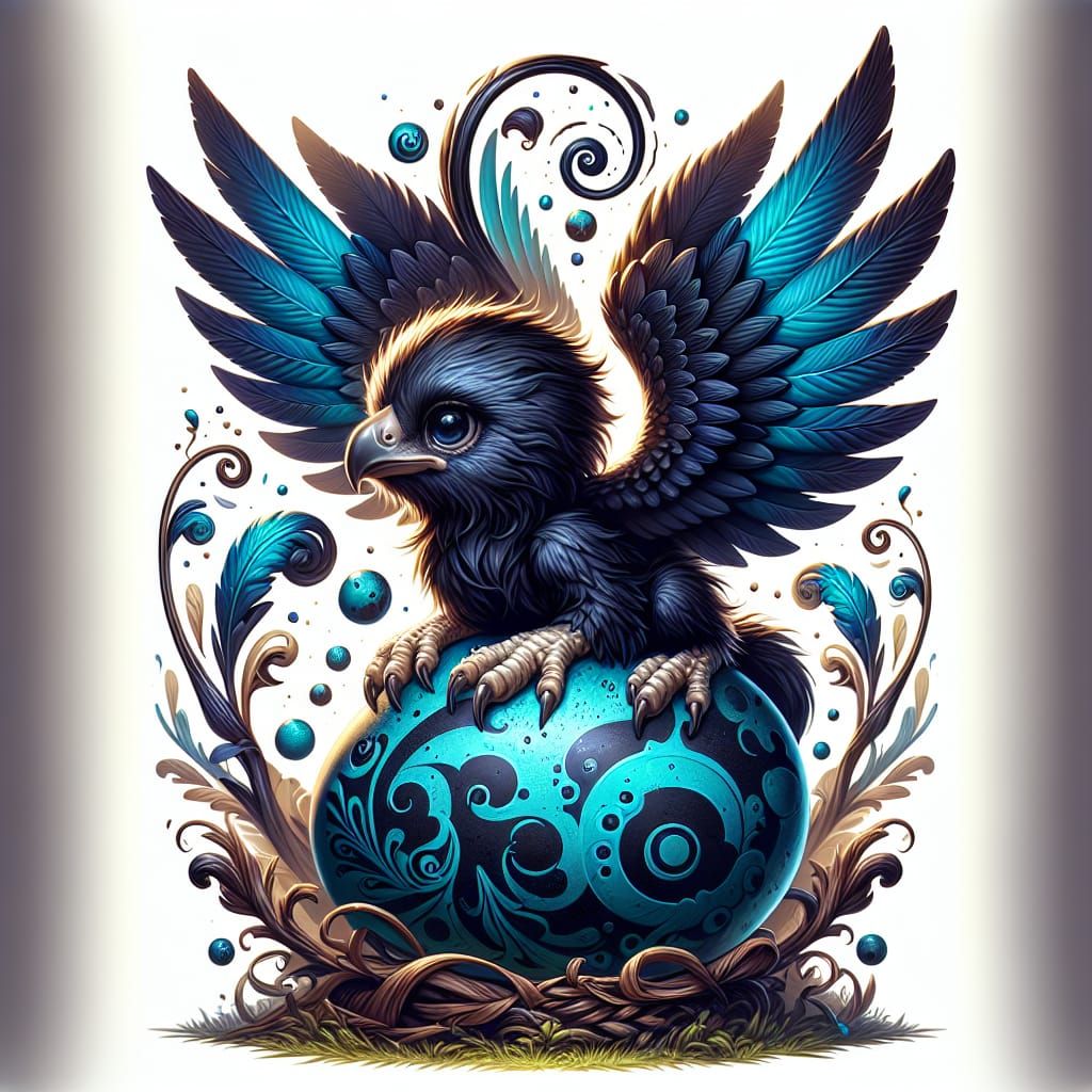 an adorable baby griffin with feathers reminiscent of ebony hatching from a cyan blue black spotted egg. The creature ha...