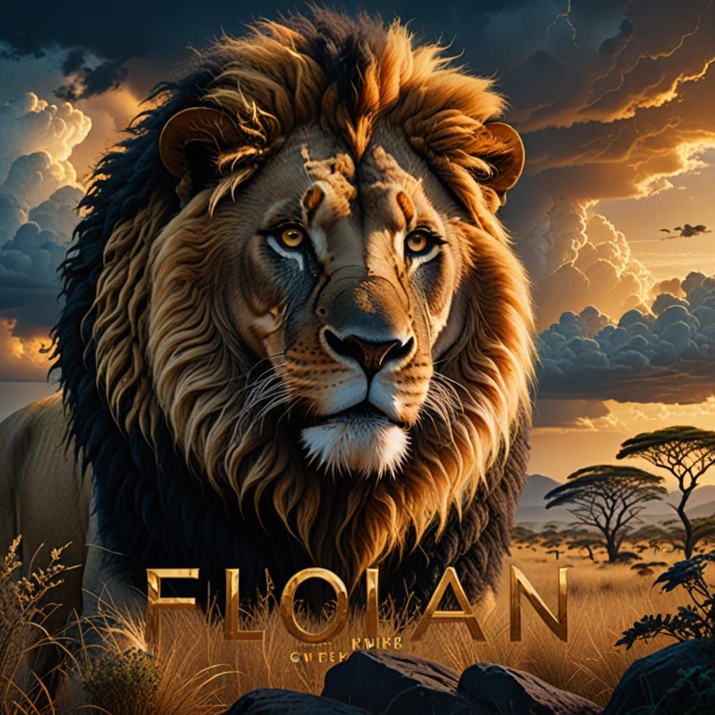 Lion in Golden Light, African Savannah Stormy Background