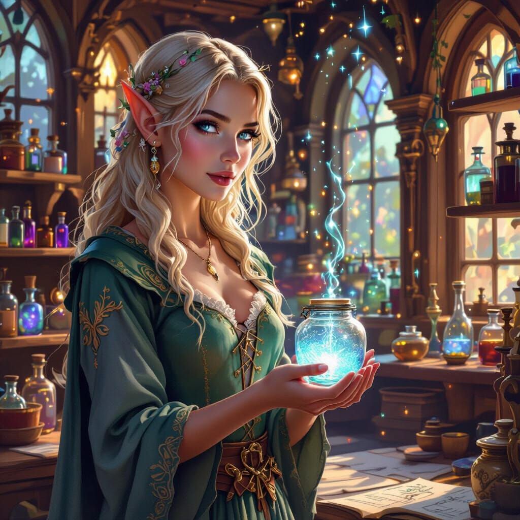 Blonde Elf with Glowing Potion in Fantasy Apothecary