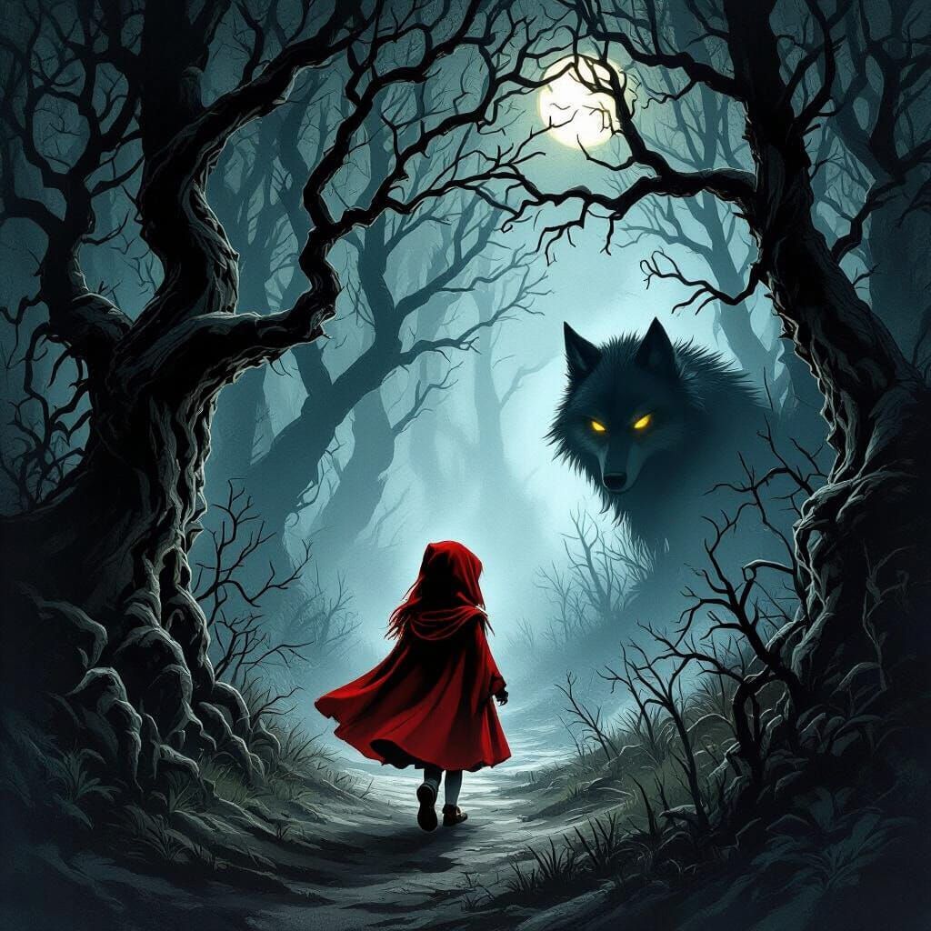 Little Red Riding Hood in Dark Forest with Watching Wolf