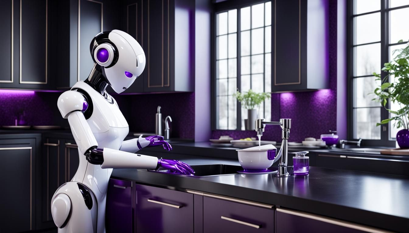 Futuristic Robot Washes Dishes in Modern Kitchen