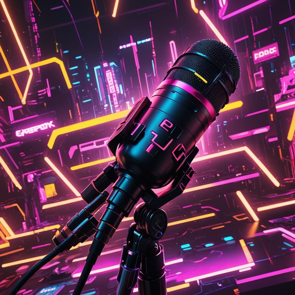 Cyberpunk Microphone with Neon Sound Waves Digital Art