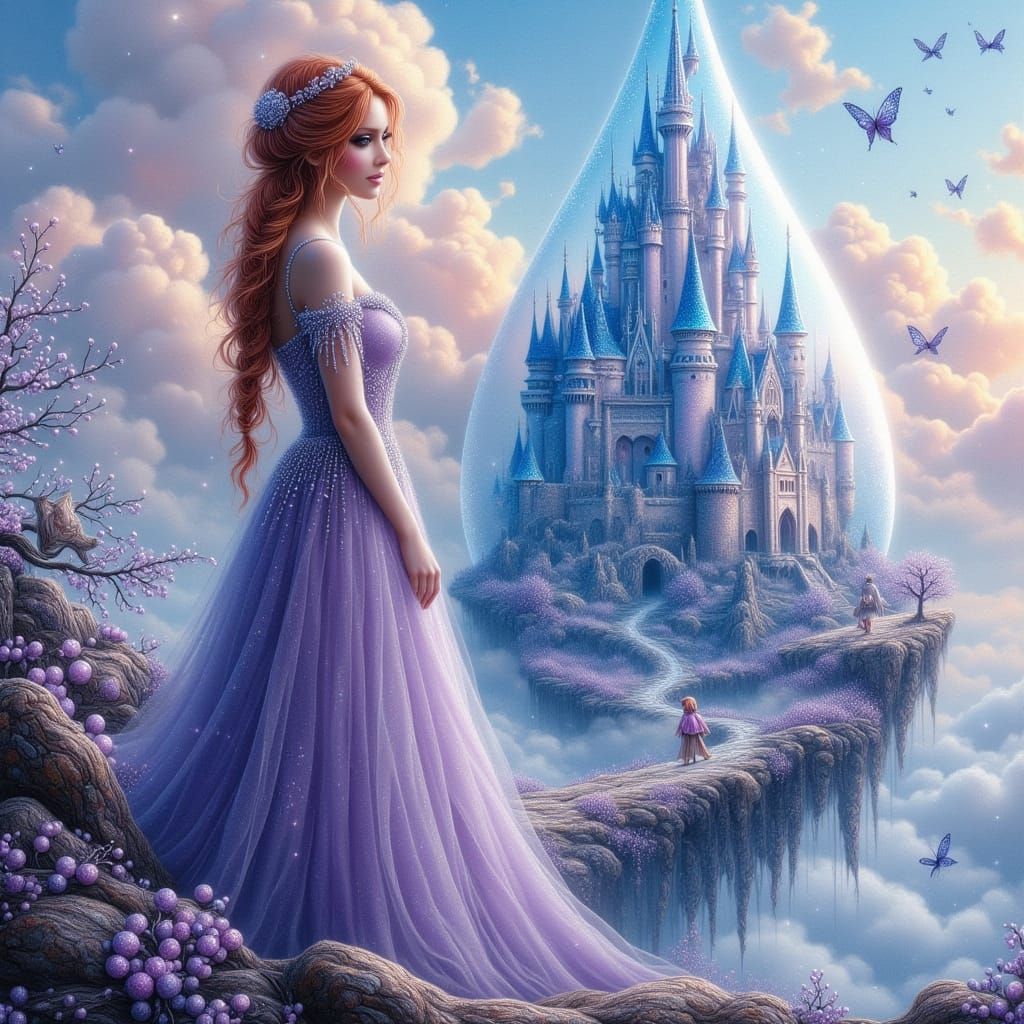 Woman on Floating Island with Teardrop Castle in Pastel Sky