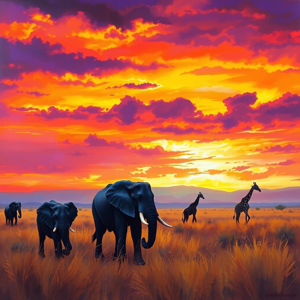 Wildlife Sunset in Vibrant African Savanna