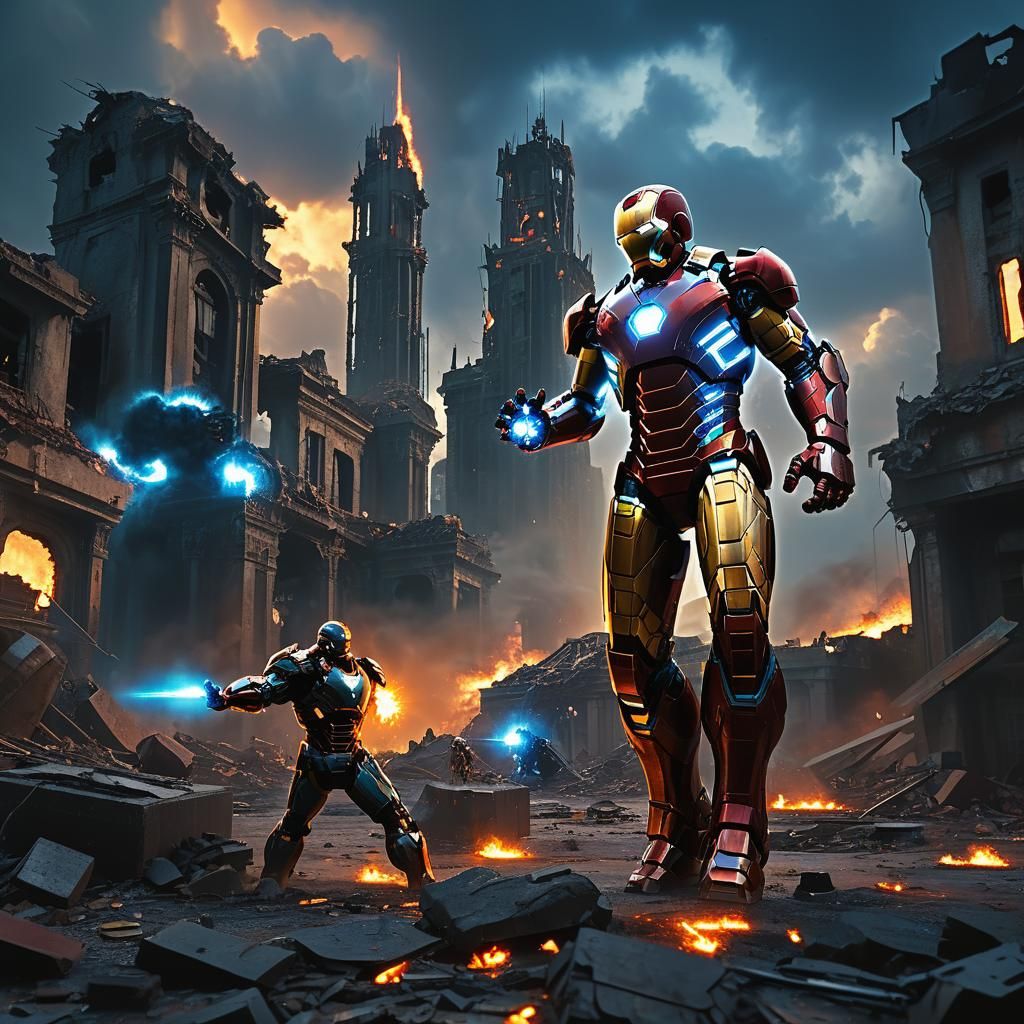 Iron Man Battles Villains in Ruined City