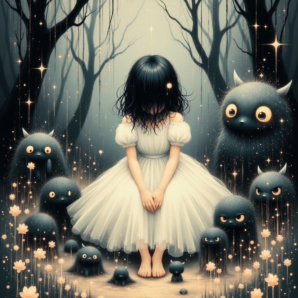 Dreamy Fairytale Child with Mysterious Plush Monsters