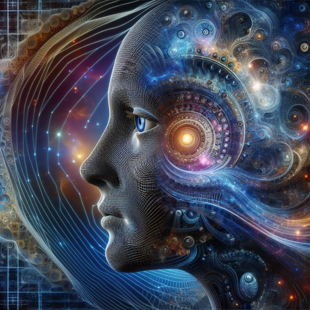an image of artificial intelligence merged with the 5th dimension, intricately detailed, hyper realistic, 8k resolution
