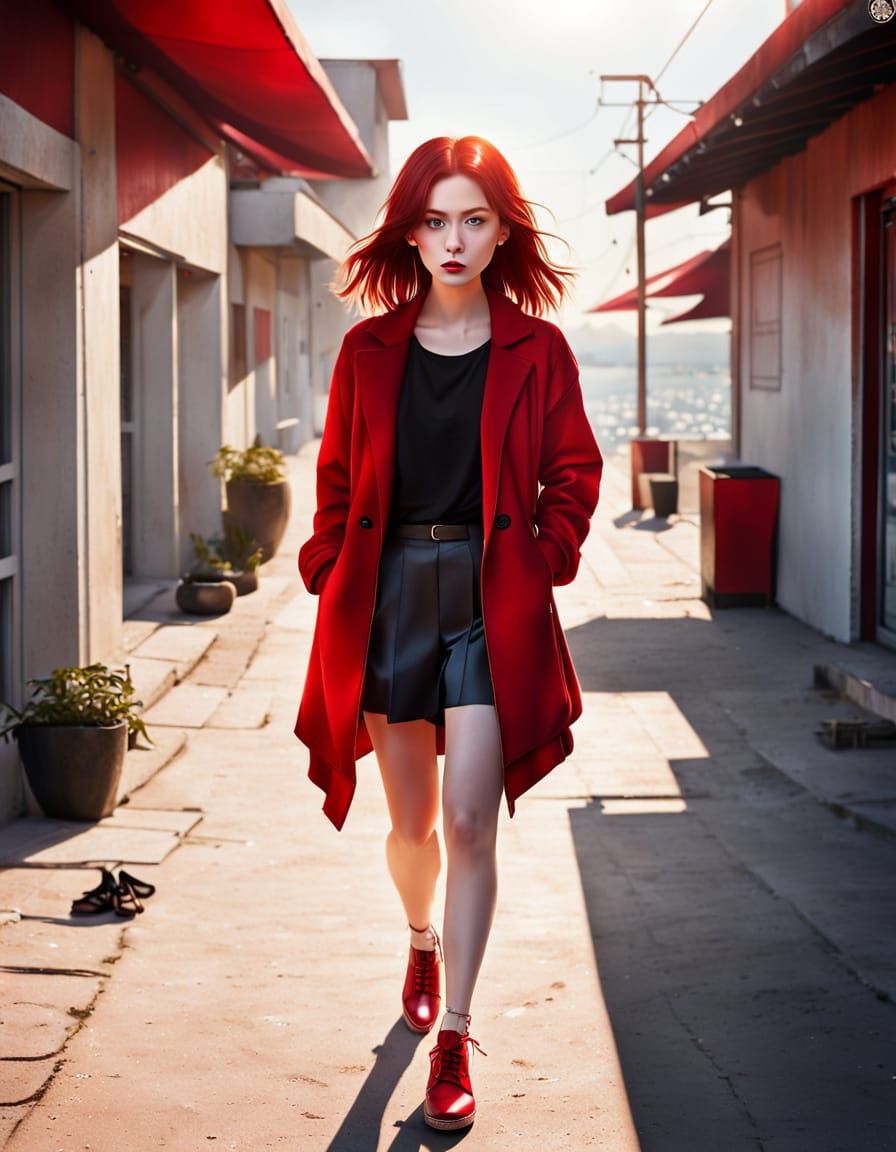 Vibrant Red Hued Girl in a Bright Sunlit Scene