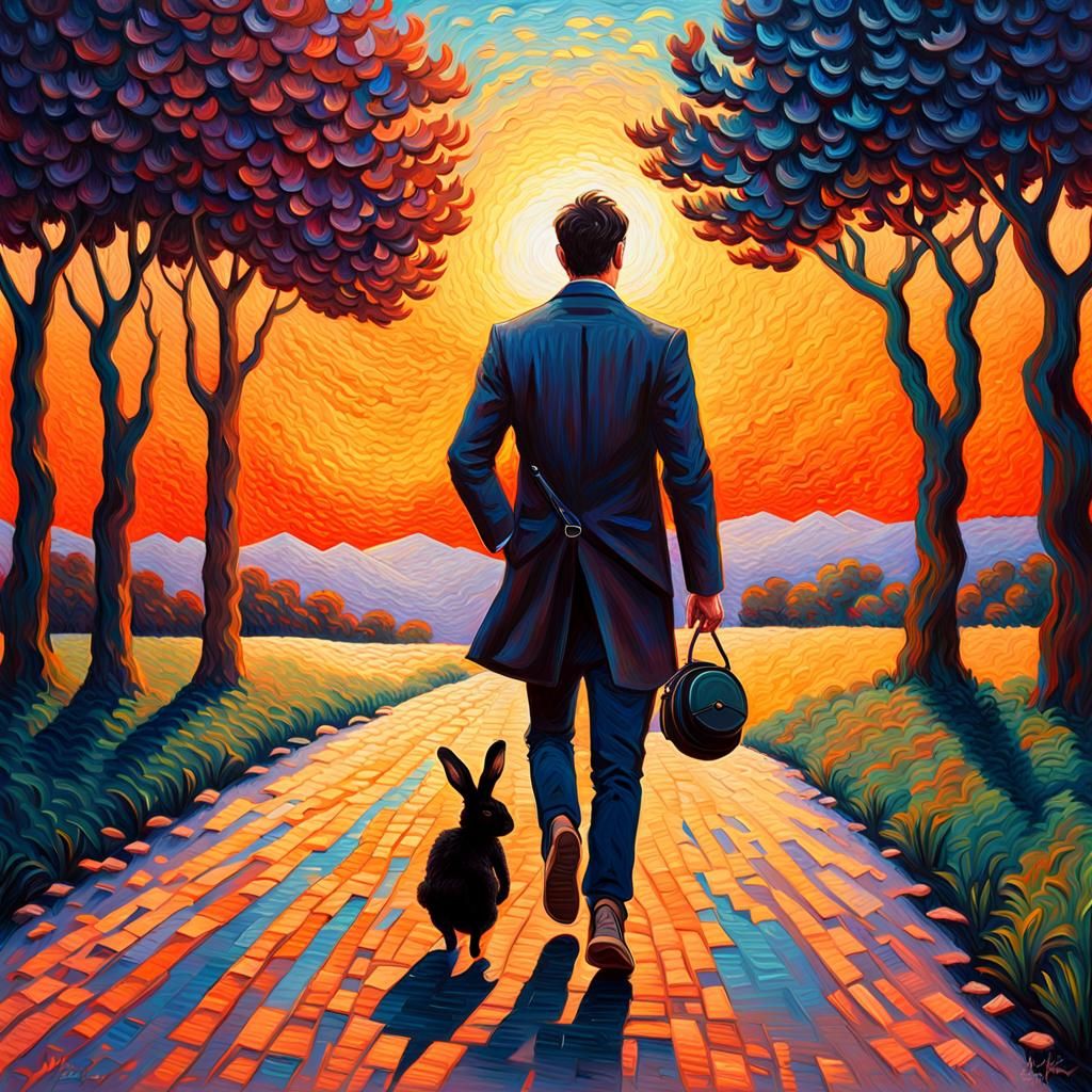Man and Rabbit at Sunset, Neo-Impressionist Style