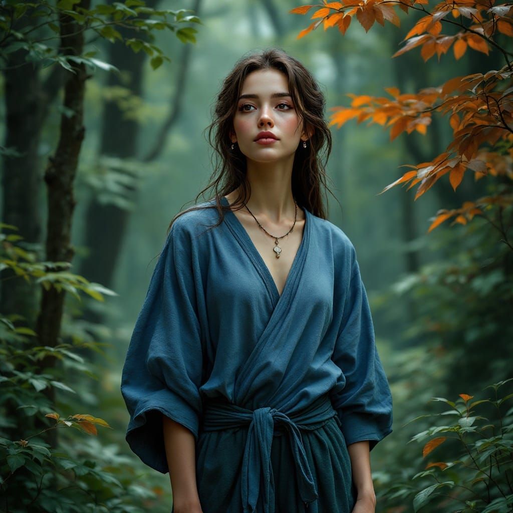 Monk Woman in Mystical Forest: Hyperrealistic Portrait