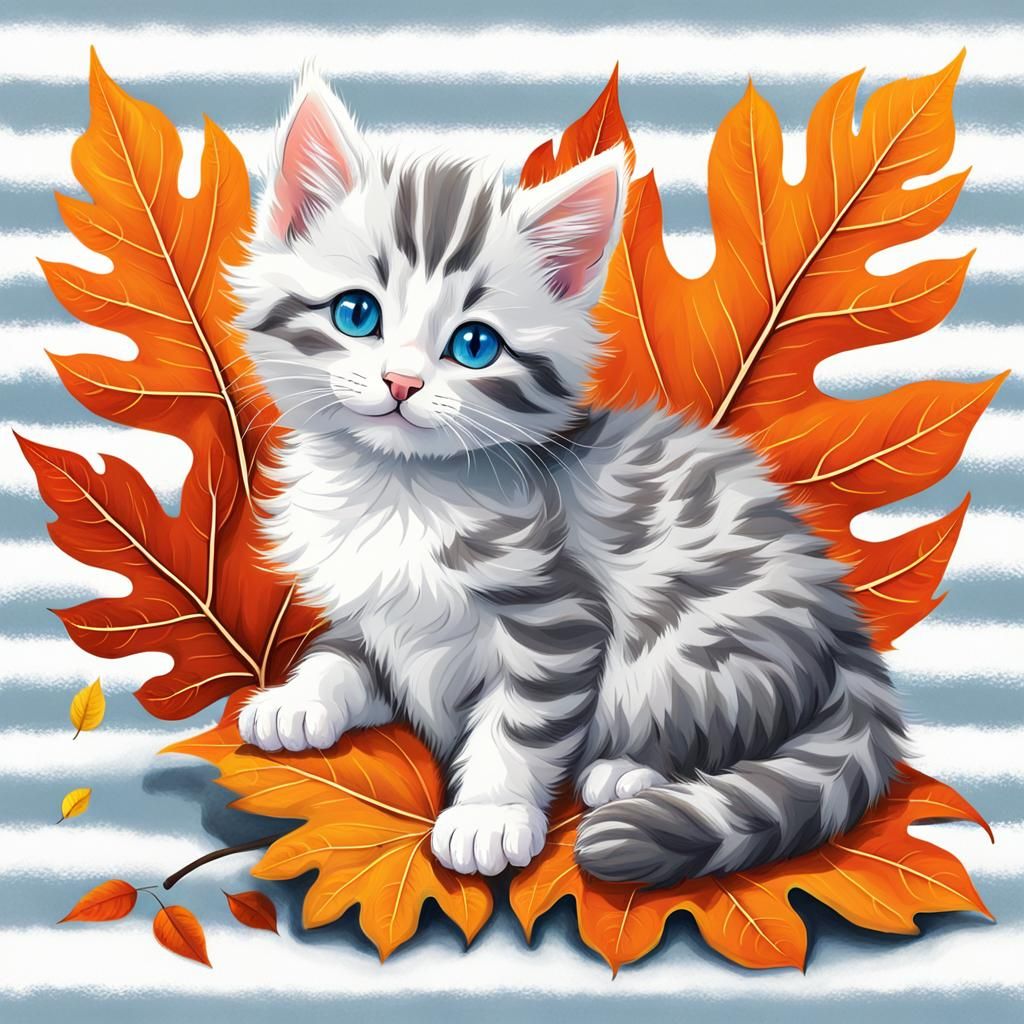 Kitten on Autumn Leaf in Whimsical Digital Art