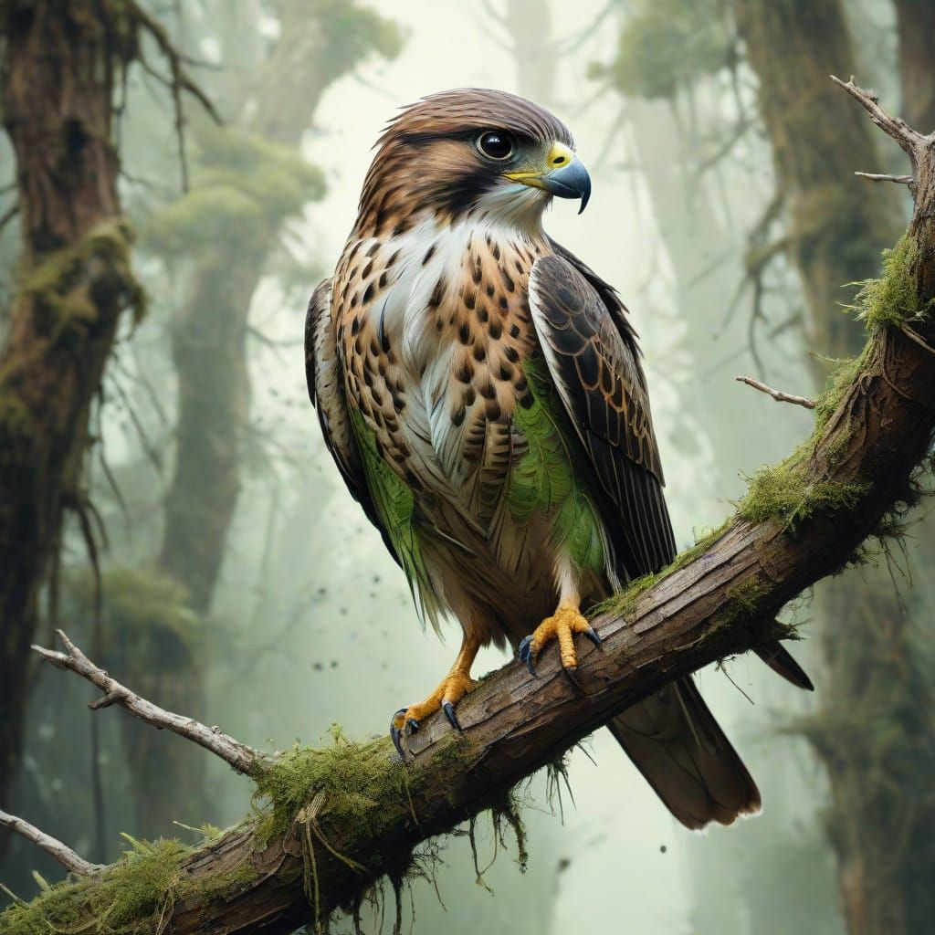 Whimsical Falcon Perched on Mossy Branch
