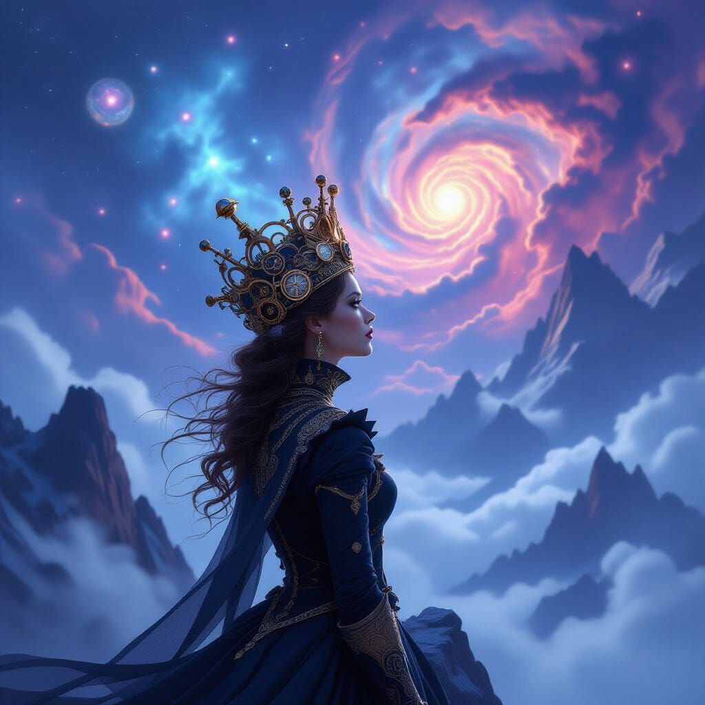 Steampunk Woman Gazes at Cosmic Nebula from Mountain Peak