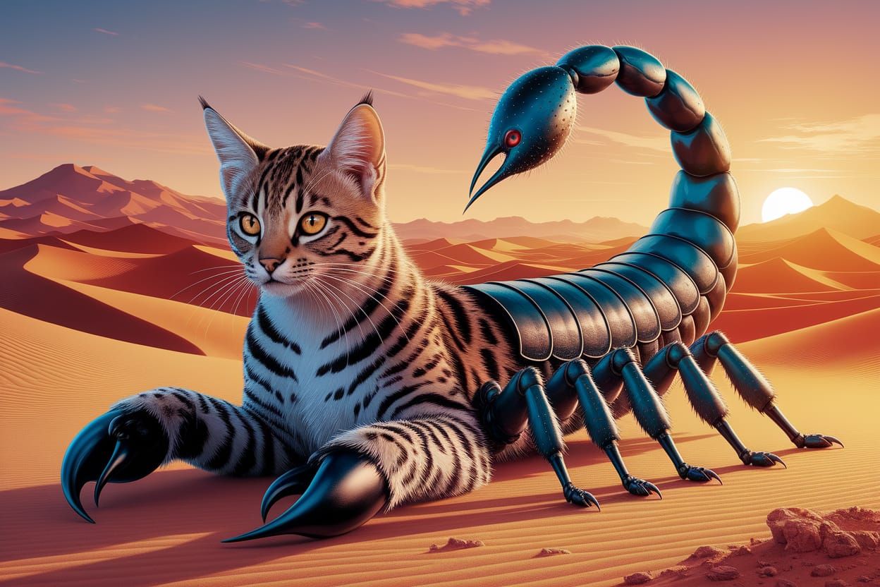 Fierce Desert Cat-Scorpion Hybrid Under Golden Sunset