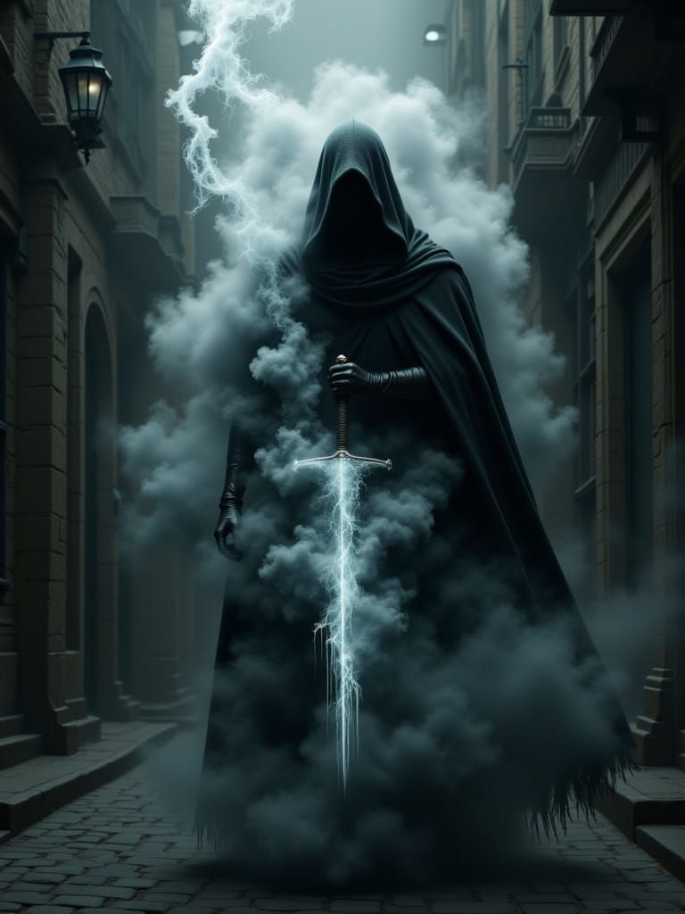 Cloaked Assassin Wields Fog Shortsword in Misty Alley