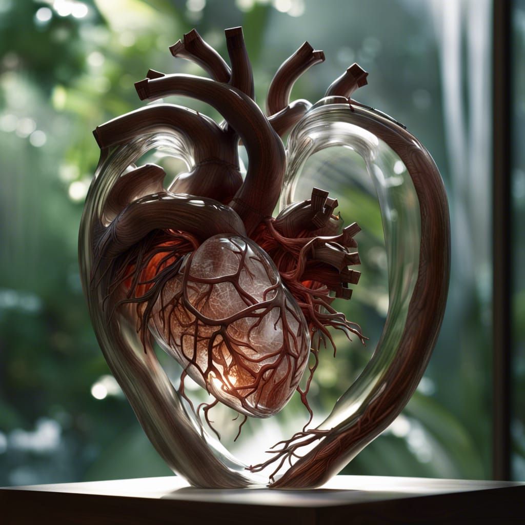 Glass Heart Statue with Jungle Waterfall Interior