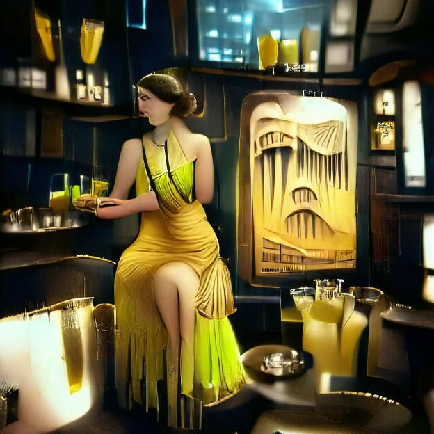 Woman in Yellow Dress in Art Deco Bar